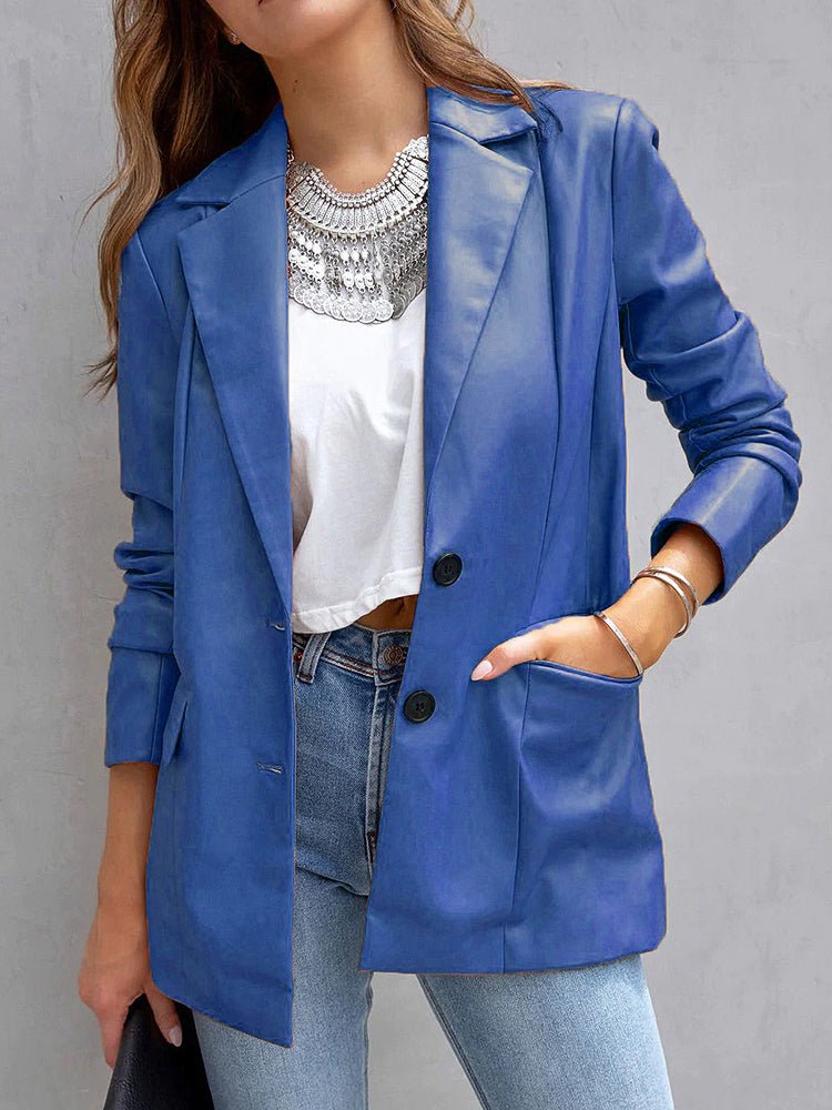 Women's Blazers Solid Notched Lapel Flip Pocket Pu Leather Blazer