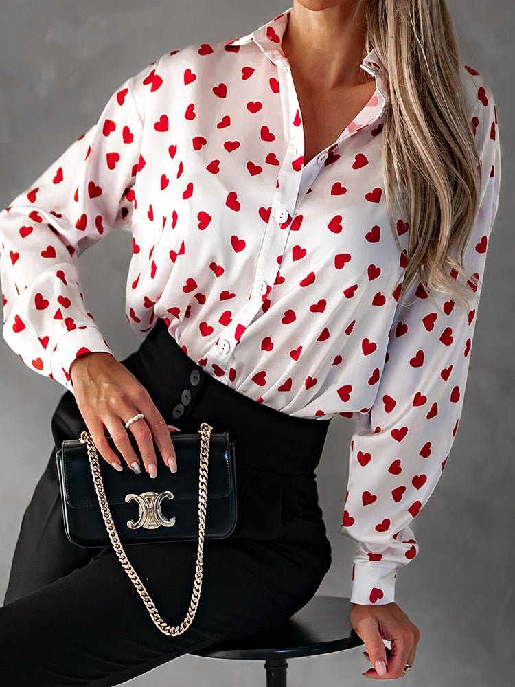 Women's Blouses Collar Drop Shoulder Heart Print Blouse