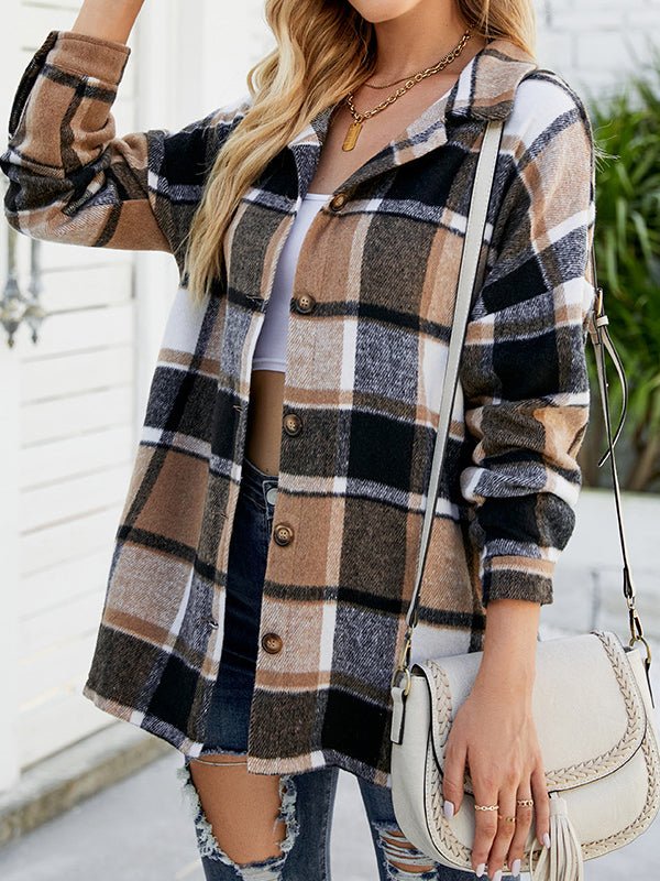 Women's  Blouses Long Sleeve Plaid Wool Medium Long  Blouse