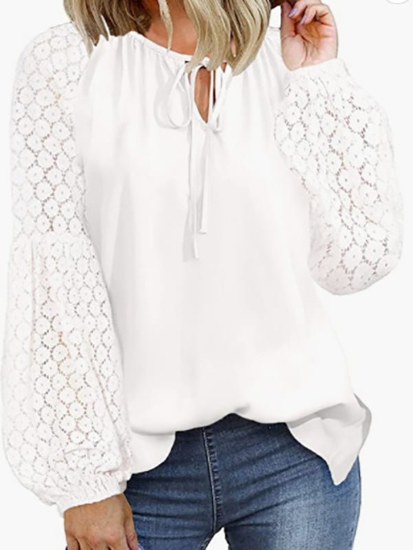 Women's Blouses Loose Crew Neck Tie Lace Long Sleeve Blouse