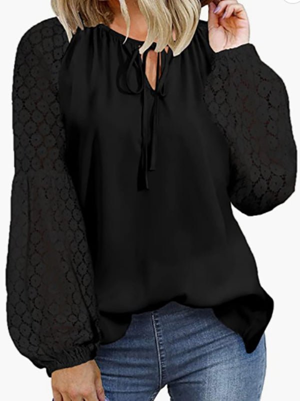 Women's Blouses Loose Crew Neck Tie Lace Long Sleeve Blouse