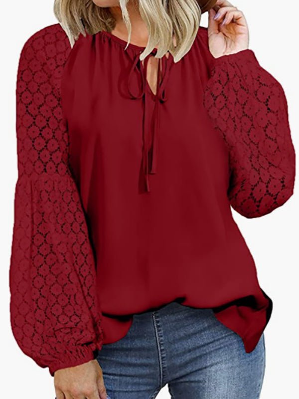 Women's Blouses Loose Crew Neck Tie Lace Long Sleeve Blouse