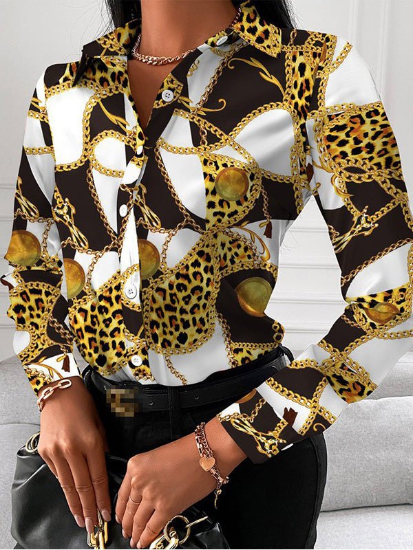 Women's Blouses Printed Lapel Button Long Sleeve Blouse