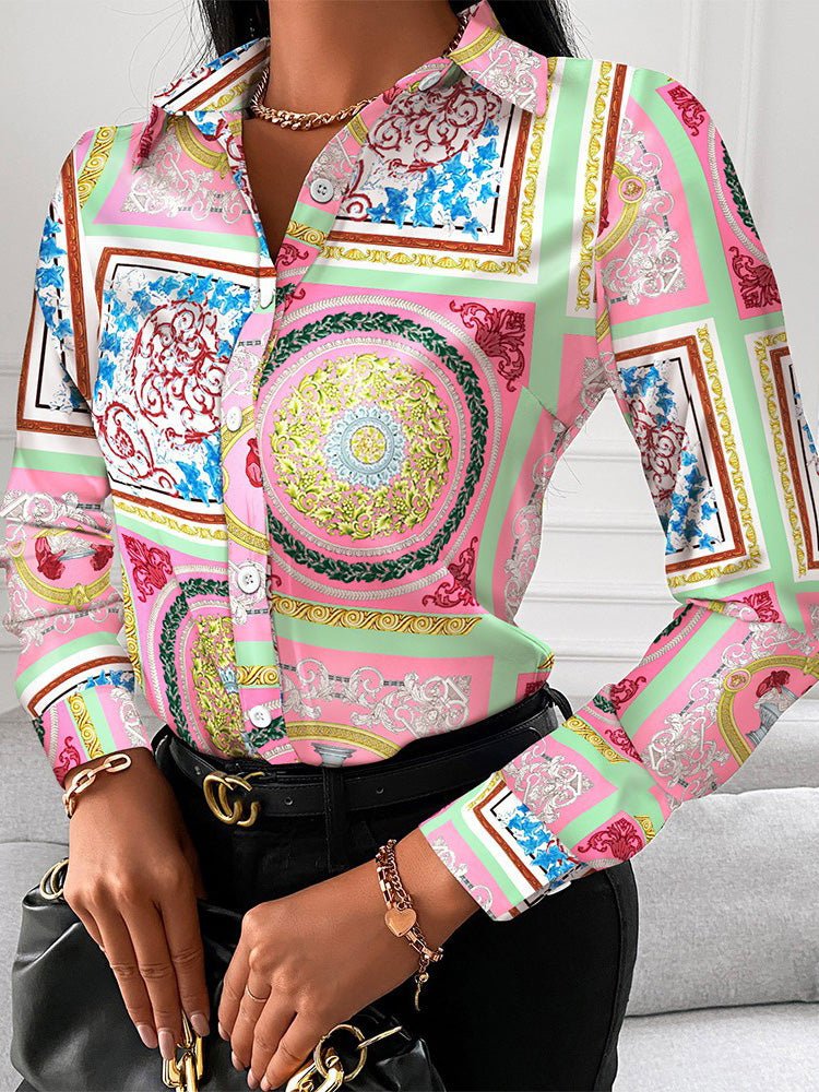 Women's Blouses Printed Lapel Button Long Sleeve Blouse