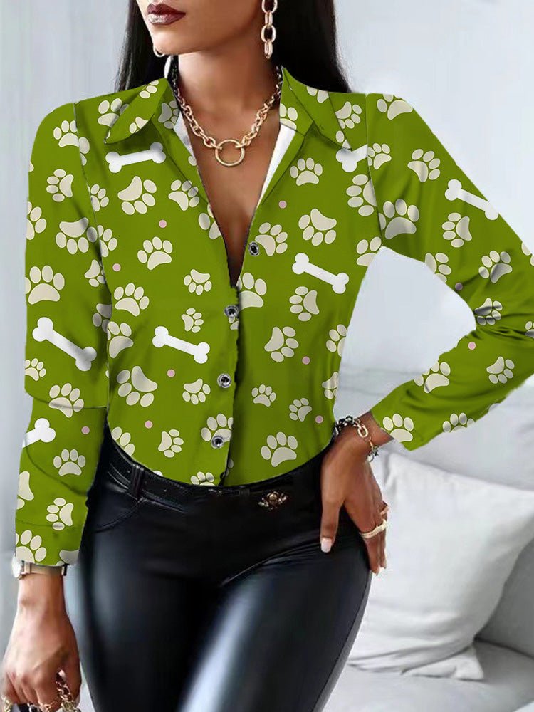 Women's Blouses Printed Lapel Button Long Sleeve Blouse