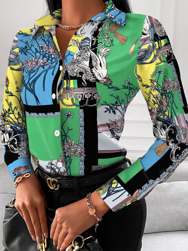 Women's Blouses Printed Lapel Button Long Sleeve Blouse