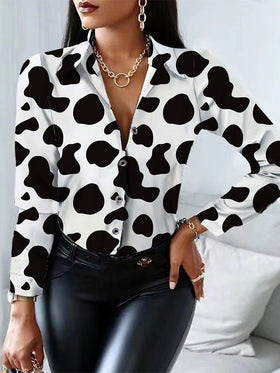 Women's Blouses Printed Lapel Button Long Sleeve Blouse