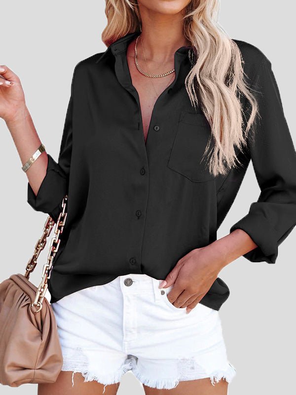 Women's Blouses Satin Lapel Button Long Sleeve Blouse