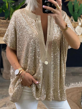 Women's Blouses Sequined V-Neck Short Sleeve Casual Blouse