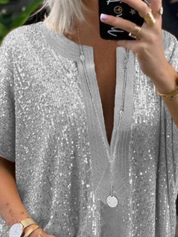 Women's Blouses Sequined V-Neck Short Sleeve Casual Blouse