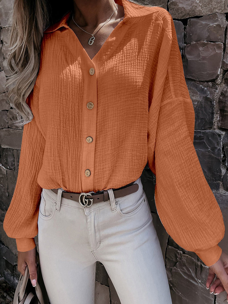 Women's Blouses V-Neck Button Balloon Sleeve Blouse