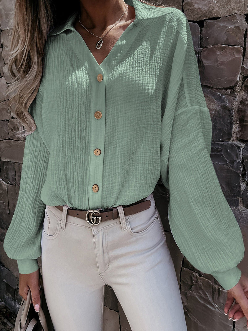 Women's Blouses V-Neck Button Balloon Sleeve Blouse