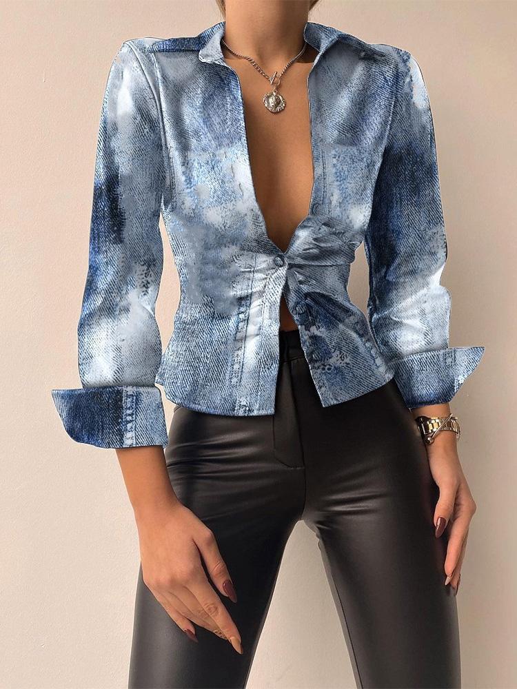 Women's Blouses V-Neck Button Long Sleeve PU Leather Blouse