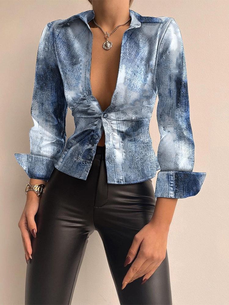 Women's Blouses V-Neck Button Long Sleeve PU Leather Blouse