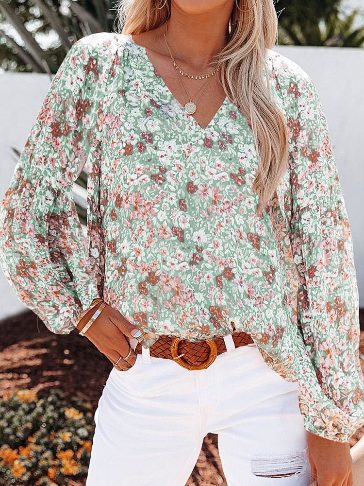 Women's Blouses V Neck Floral Chiffon Lantern Sleeve Blouse