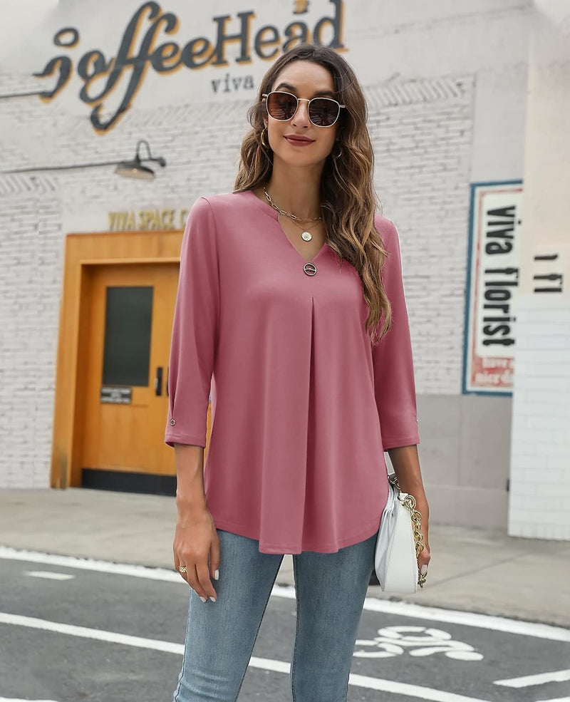 Women's Blouses V Neck Mid Sleeve Casual Loose Blouse