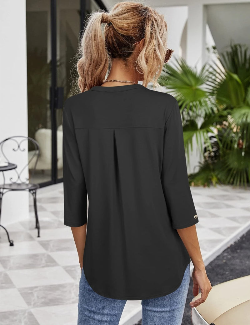 Women's Blouses V Neck Mid Sleeve Casual Loose Blouse