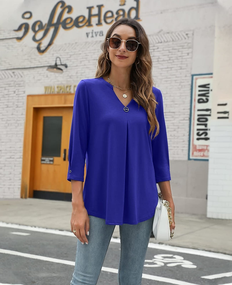 Women's Blouses V Neck Mid Sleeve Casual Loose Blouse