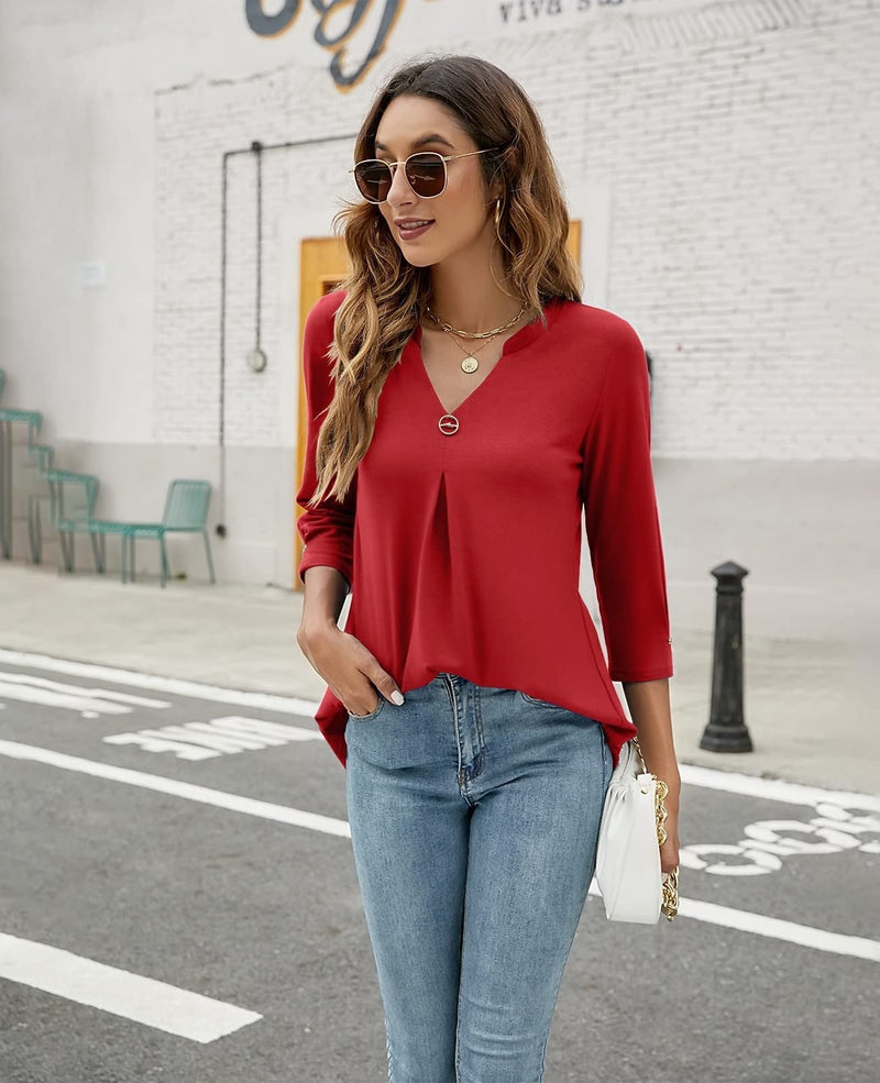 Women's Blouses V Neck Mid Sleeve Casual Loose Blouse