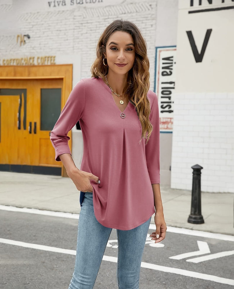 Women's Blouses V Neck Mid Sleeve Casual Loose Blouse