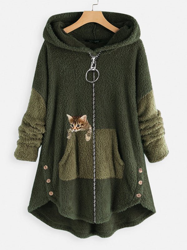 Women's Coats Cute Hooded Zipper Cat Printed Coat