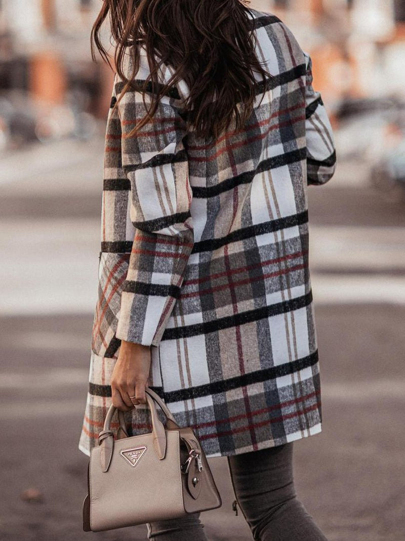 Women's Coats Loose Lapel Check Pocket Woolen Coat