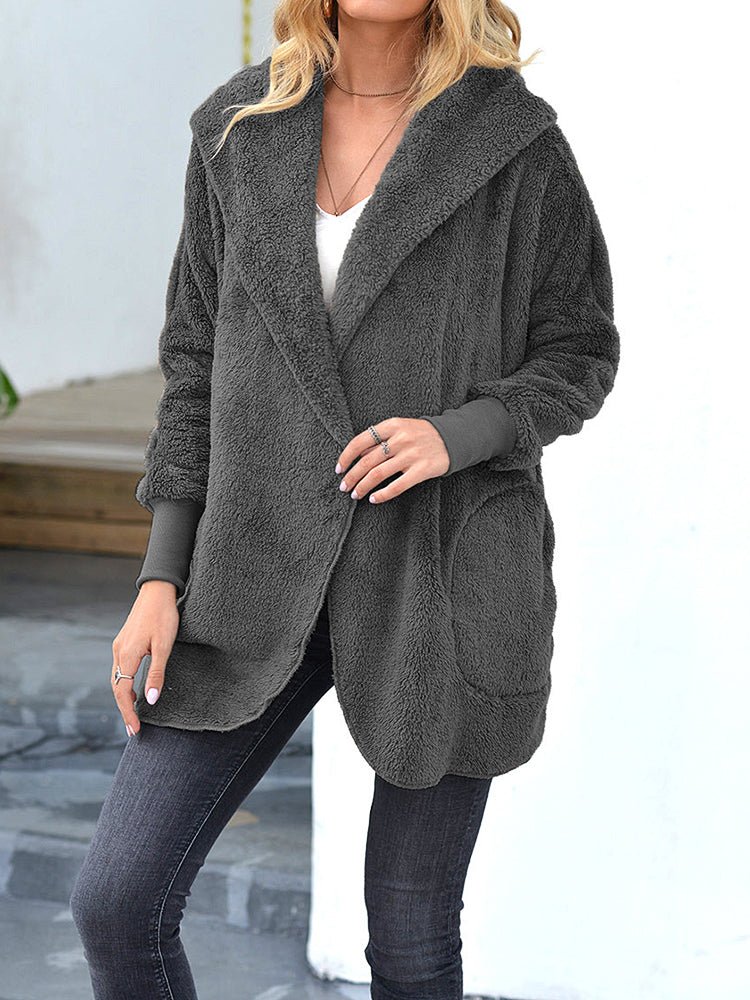 Women's Coats Plush Lapel Hooded Medium Long Sleeve Coat