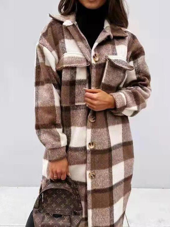 Women's Coats Single Breasted Plaid Brushed Mid Length Wool Coat