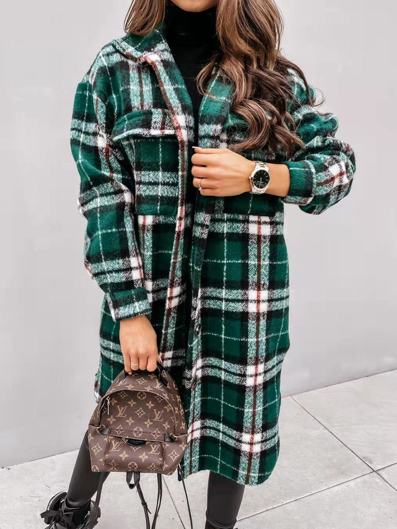 Women's Coats Single Breasted Plaid Brushed Mid Length Wool Coat