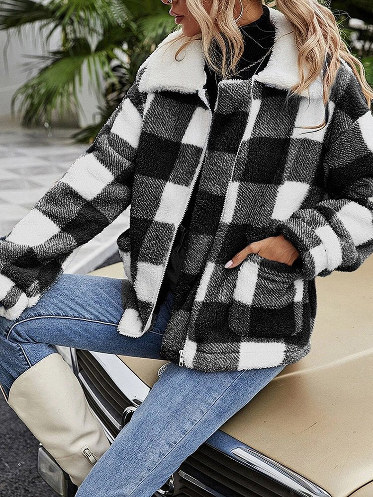 Women's Coats Zip Up Lapel Collar Plaid Coat