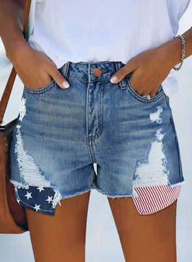 Short en Denim à Franges Rayures Étoiles avec Poche