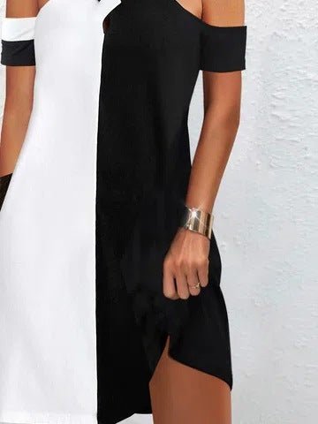 Robe Manches Courtes Épaules Énudées Col Croisé Contraste Couleur