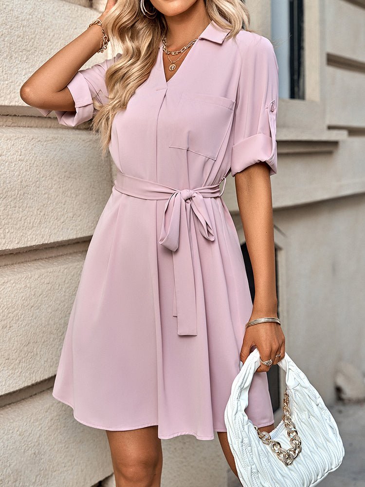 Mini Robe Manches Mi-Longues à Revers Couleur Unie