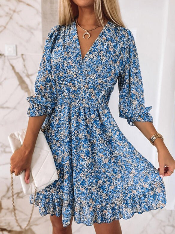 Robe Midi Décontractée Volants Col en V Manches Mi-longues