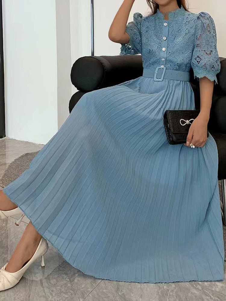 Women's Dresses Half Sleeve Lace Button Belt Pleated Maxi Dress