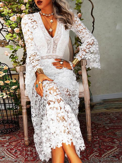 Women's Dresses Hollow Lace V-Neck Long Sleeve Dress