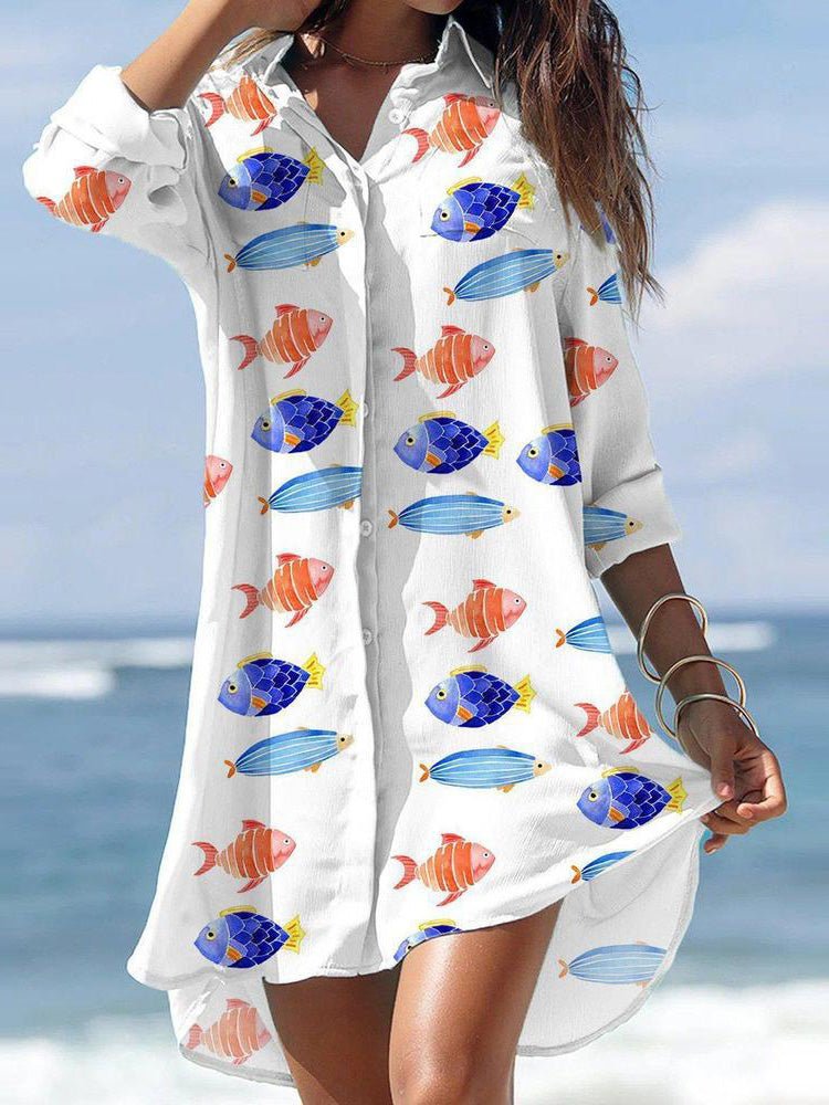 Women's Dresses Loose Print Pocket Long Sleeve Shirt Dress