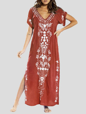 Robe Maxi Fendue Imprimé Vintage Col V