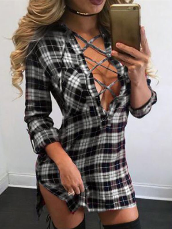 Women's Dresses Plaid Strap Hollow V-neck Slit Midi Dress