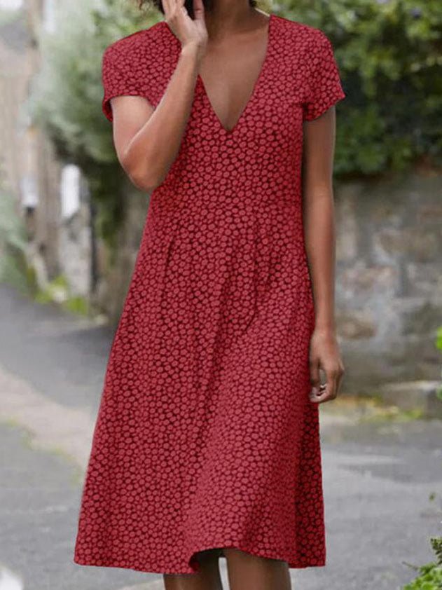 Robe Midi Manches Courtes Col V à Pois