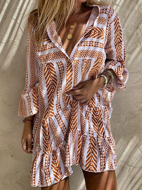 Women's Dresses Printed Button Long Sleeve Mini Dress