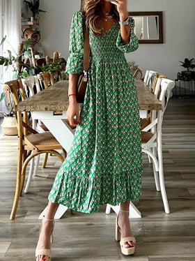 Women's Dresses Printed V-Neck Mid-Sleeve Ruffle Dress