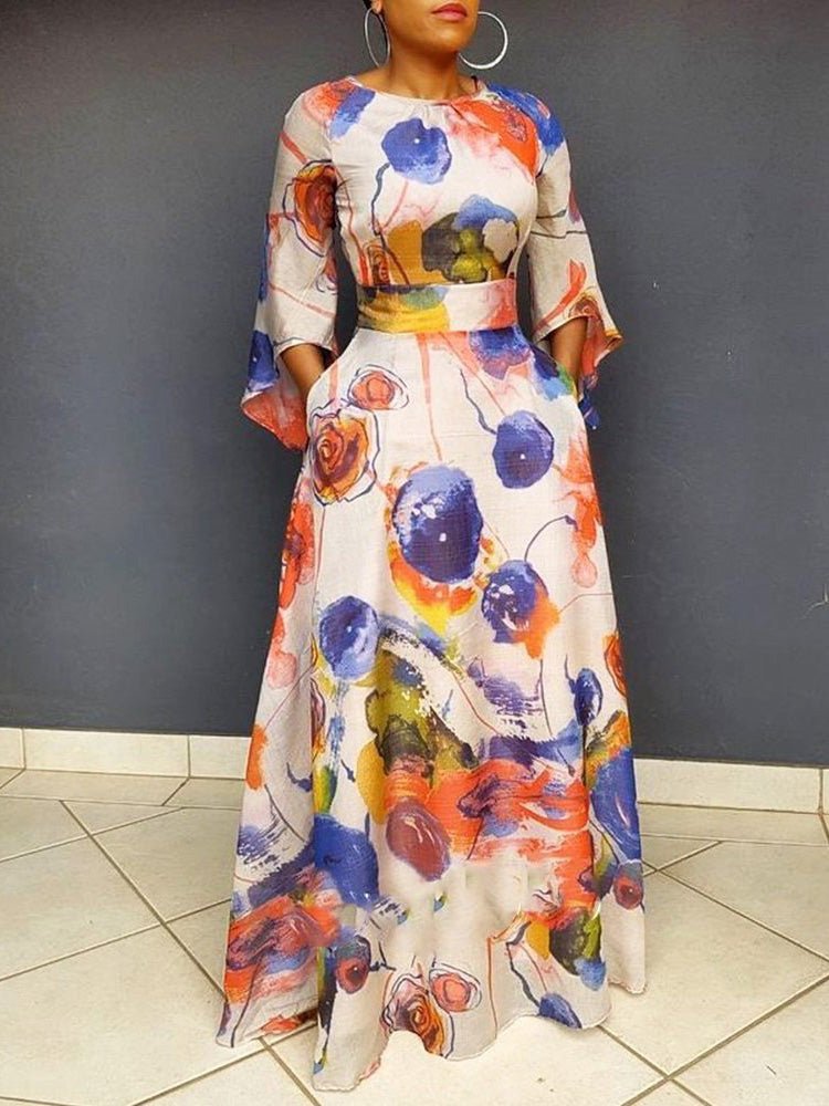 Women's Dresses Round Neck Abstract Print Maxi Dress