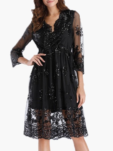 Women's Dresses Sequin V-Neck 3/4 Sleeve Dress