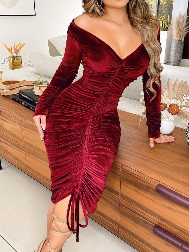 Women's Dresses Solid Gold Velvet Drawstring Long Sleeve Dress