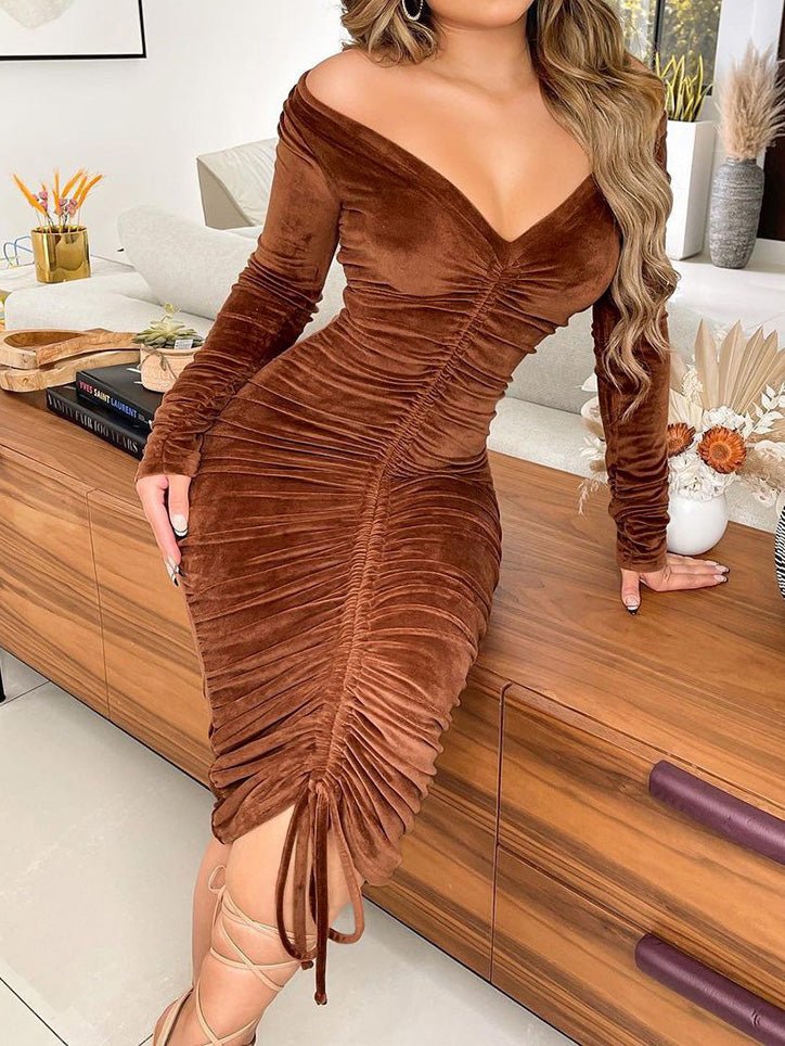 Women's Dresses Solid Gold Velvet Drawstring Long Sleeve Dress