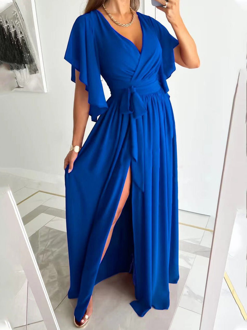 Women's Dresses Solid V-Neck Flared Sleeve Slit Dress