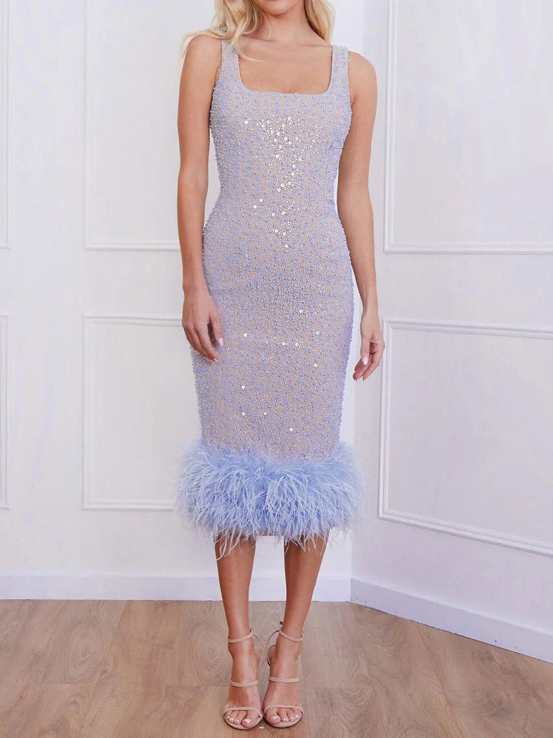 Women's Dresses Square Neck Sequin Slim Fit Feather Swing Dress