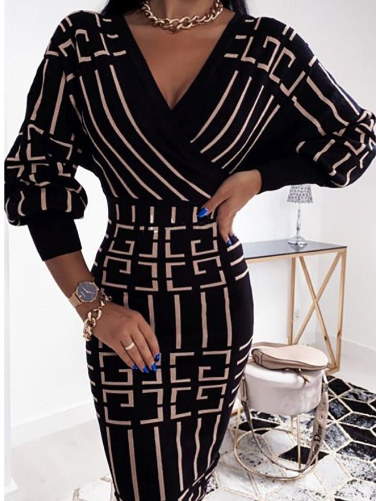 Women's Dresses Striped V Neck Long Sleeve High Waisted Midi Dress