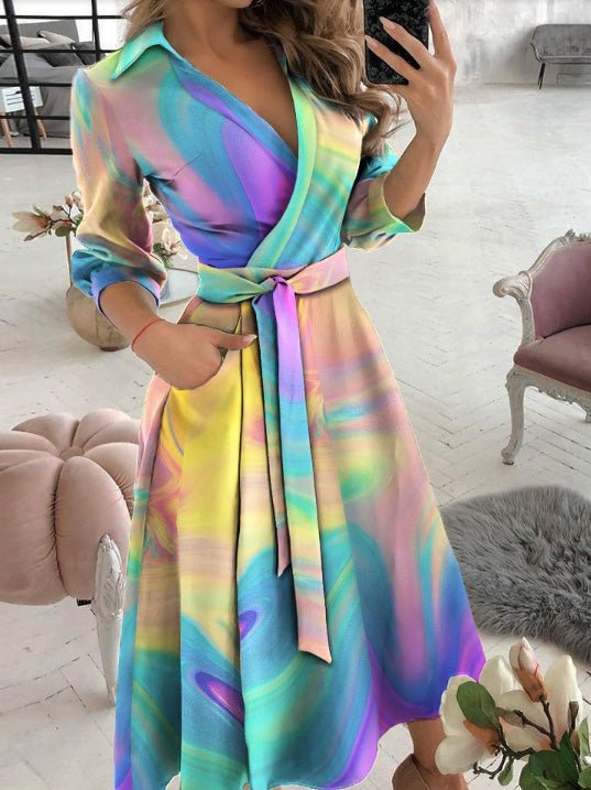 Robe Manches Longues Col en V Imprimé Tie-dye